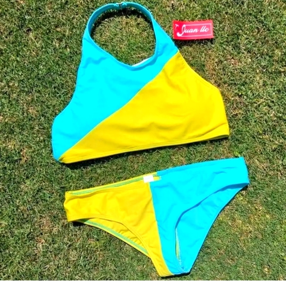 Juan Uc Womens Neon Bright Teal & Green Halter Two Piece - Picture 1 of 7